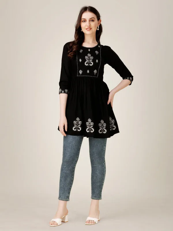 Womens Embroidered A-Line Black Tunic