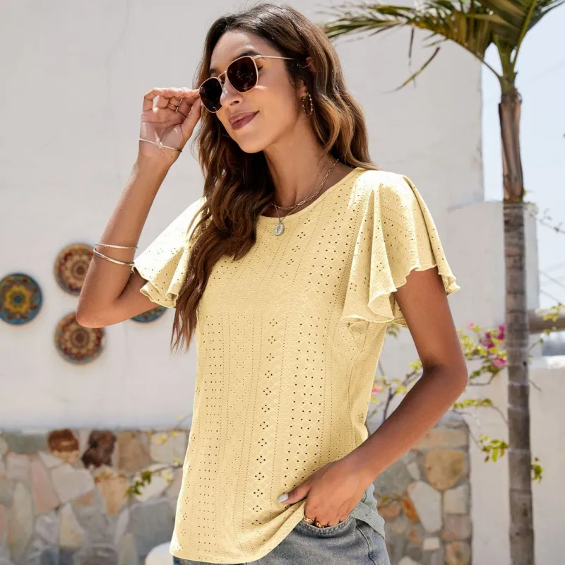 Women's Summer Round Neck Ruffle Plain Short Sleeve Casual Loose T-Shirt