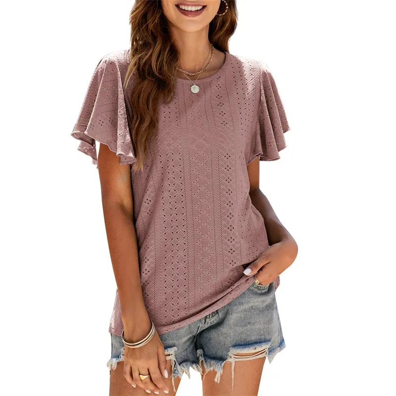 Women's Summer Round Neck Ruffle Plain Short Sleeve Casual Loose T-Shirt