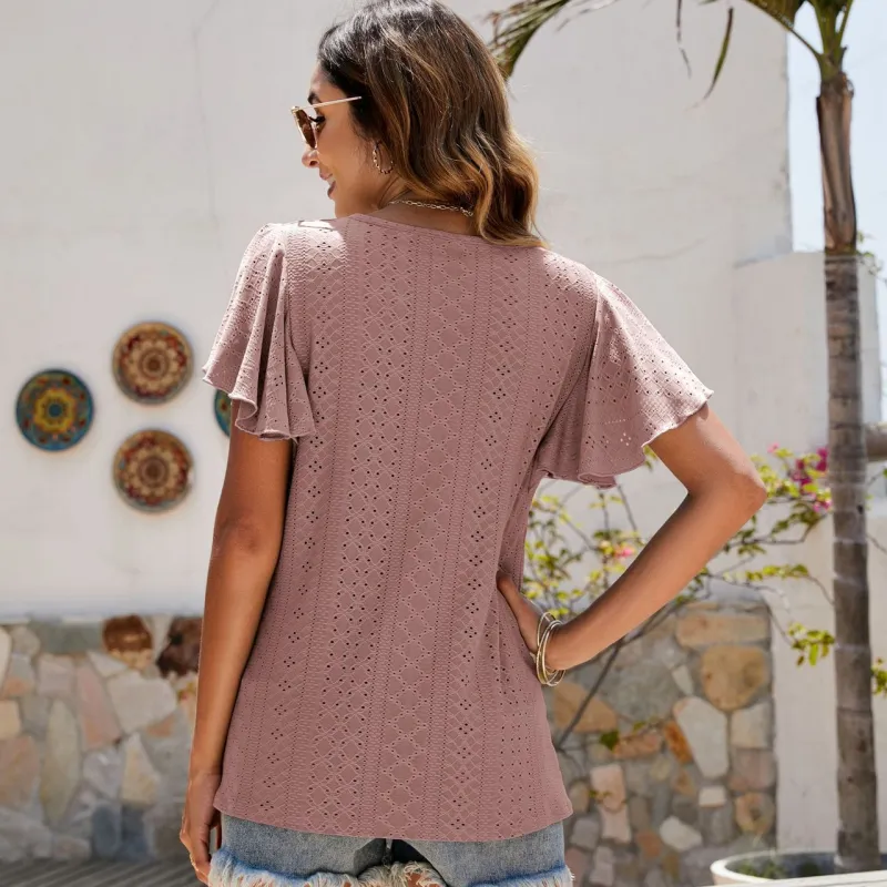 Women's Summer Round Neck Ruffle Plain Short Sleeve Casual Loose T-Shirt