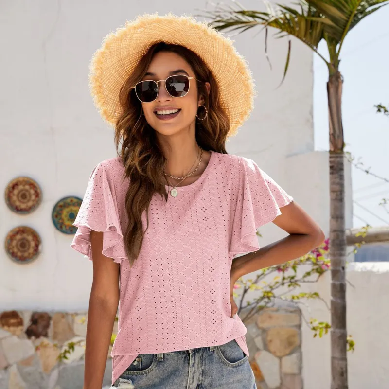 Women's Summer Round Neck Ruffle Plain Short Sleeve Casual Loose T-Shirt