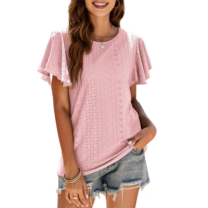 Women's Summer Round Neck Ruffle Plain Short Sleeve Casual Loose T-Shirt