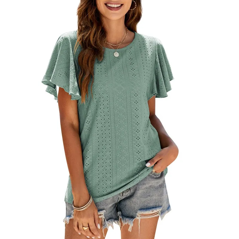 Women's Summer Round Neck Ruffle Plain Short Sleeve Casual Loose T-Shirt