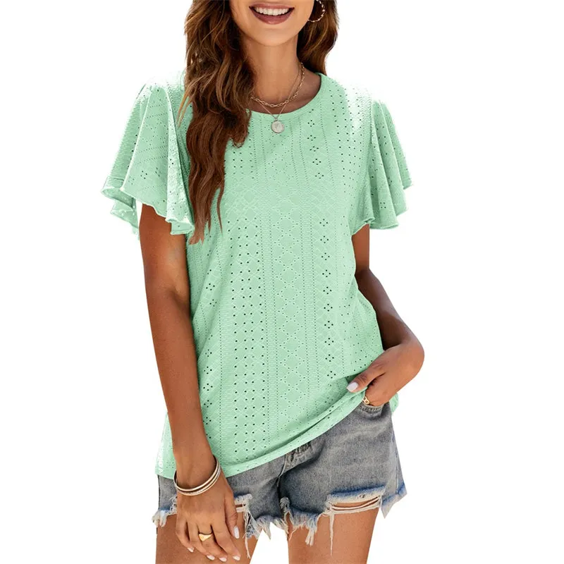 Women's Summer Round Neck Ruffle Plain Short Sleeve Casual Loose T-Shirt