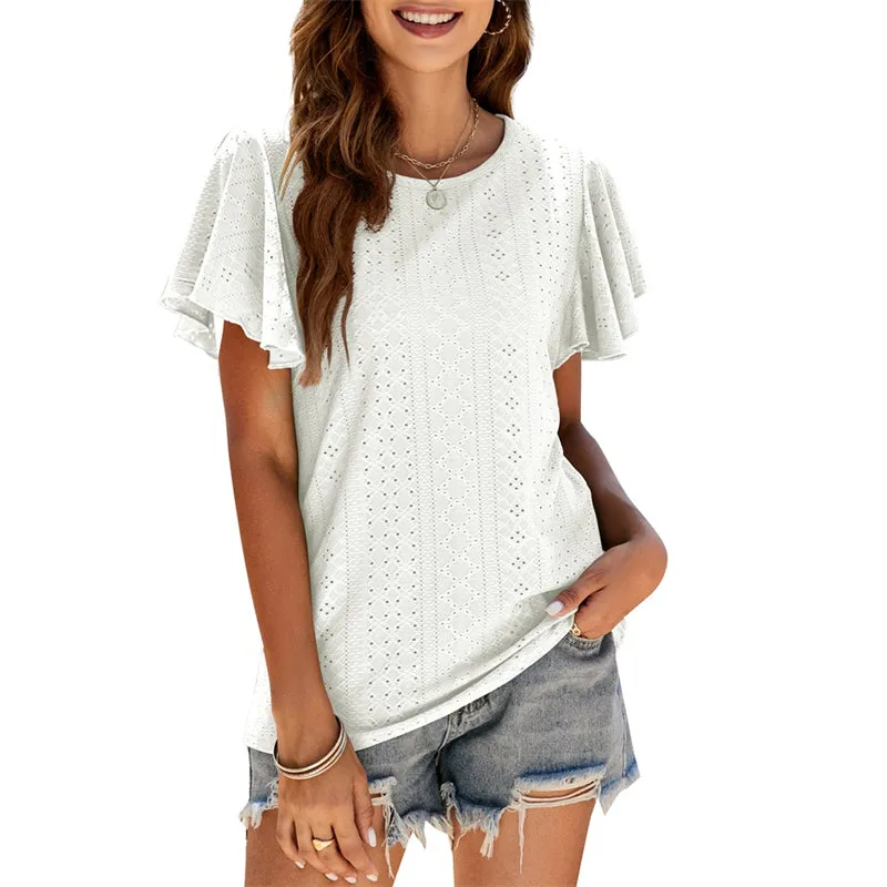 Women's Summer Round Neck Ruffle Plain Short Sleeve Casual Loose T-Shirt