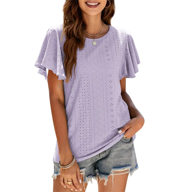 Women's Summer Round Neck Ruffle Plain Short Sleeve Casual Loose T-Shirt