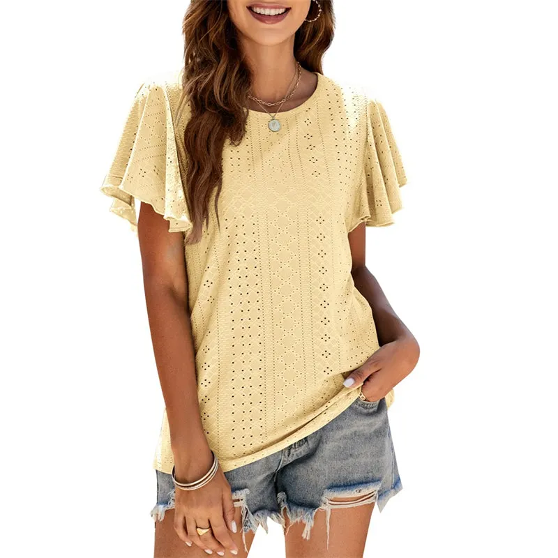 Women's Summer Round Neck Ruffle Plain Short Sleeve Casual Loose T-Shirt